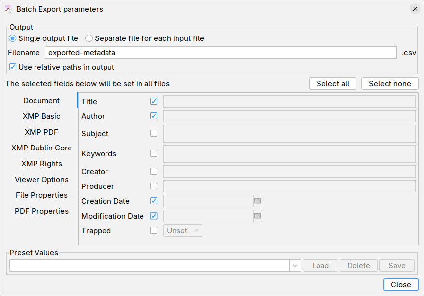 Export CSV Parameters