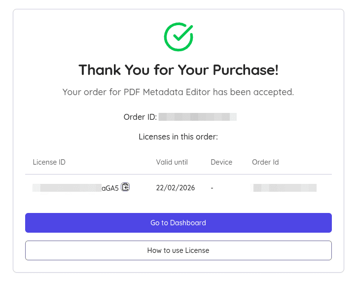 Purchase Success Screen