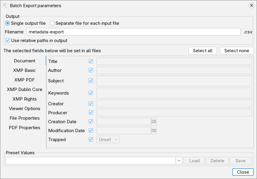 Batch export parameters