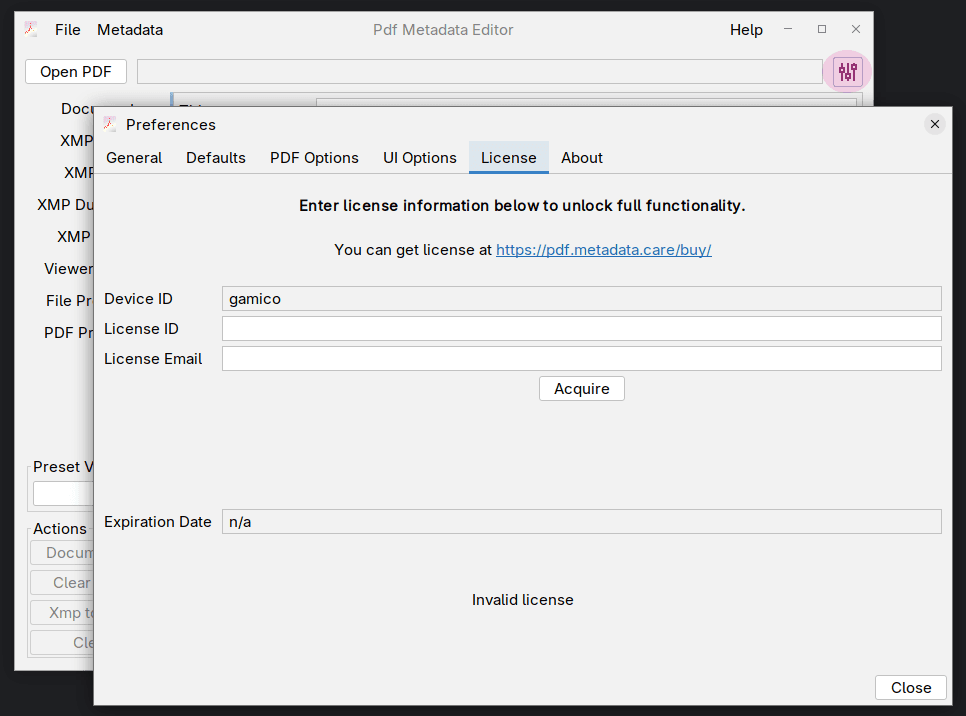 License Screen